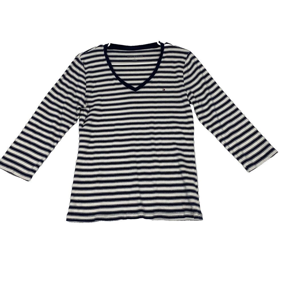 Tommy Hilfiger Shirt Teens Large Blue/White Striped Long Sleeve‎ V Neck Pullover